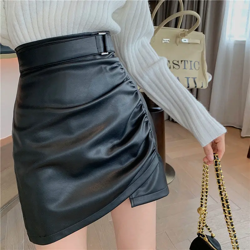 

MAGOGO Korean PU Women High-Waist Skirt All-Match Irregular Hip A-Line Skirt