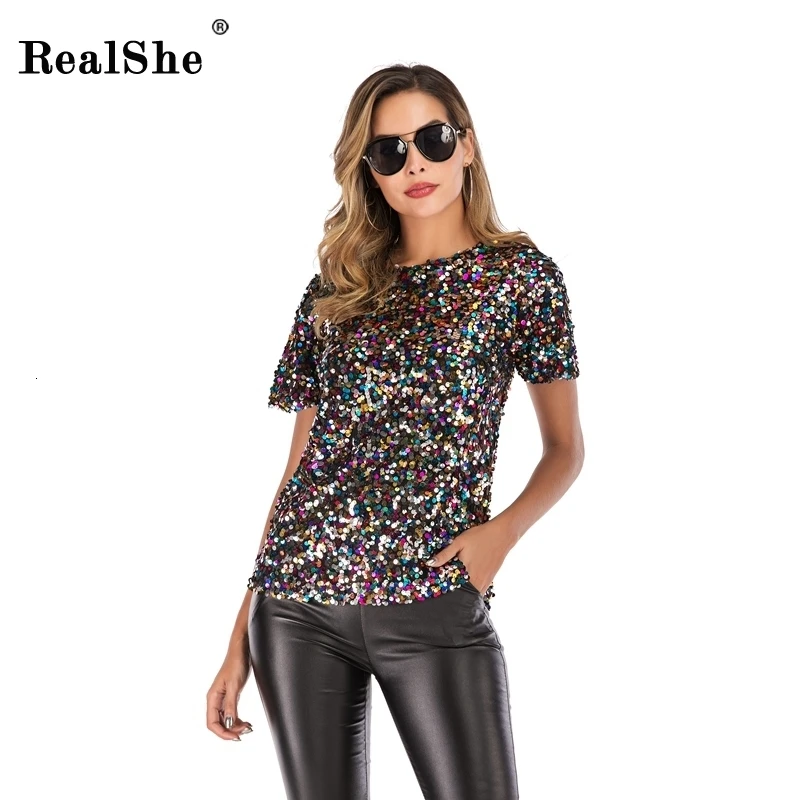RealShe, женские футболки и топы, круглый вырез, короткий рукав, Sequince Camiseta Feminina, весна-лето, повседневные Сексуальные вечерние женские футболки