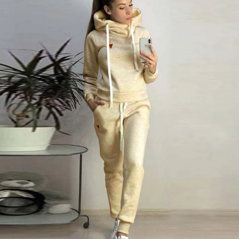 Apricot ELSVIOS 5XL осень 2 шт. женский спортивный костюм Толстовка с капюшоном и брюки с эластичной талией наборы Зимний теплый пуловер Спортивная одежда Топ карман - Цвет: Apricot