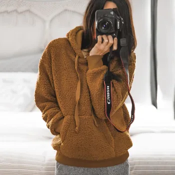 

New Fall Winter Women Lamb Hair Hoodies Casual Fashion Female Loose Long Sleeve Hoody Sweatshirt Pocket Drawstring Hooded Coat