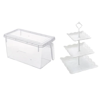 

Fridge Fresh Storage Box Refrigerator Plastic with Handle & 3 Tier Cupcake Display Stand Dessert Tower Fruit Tray