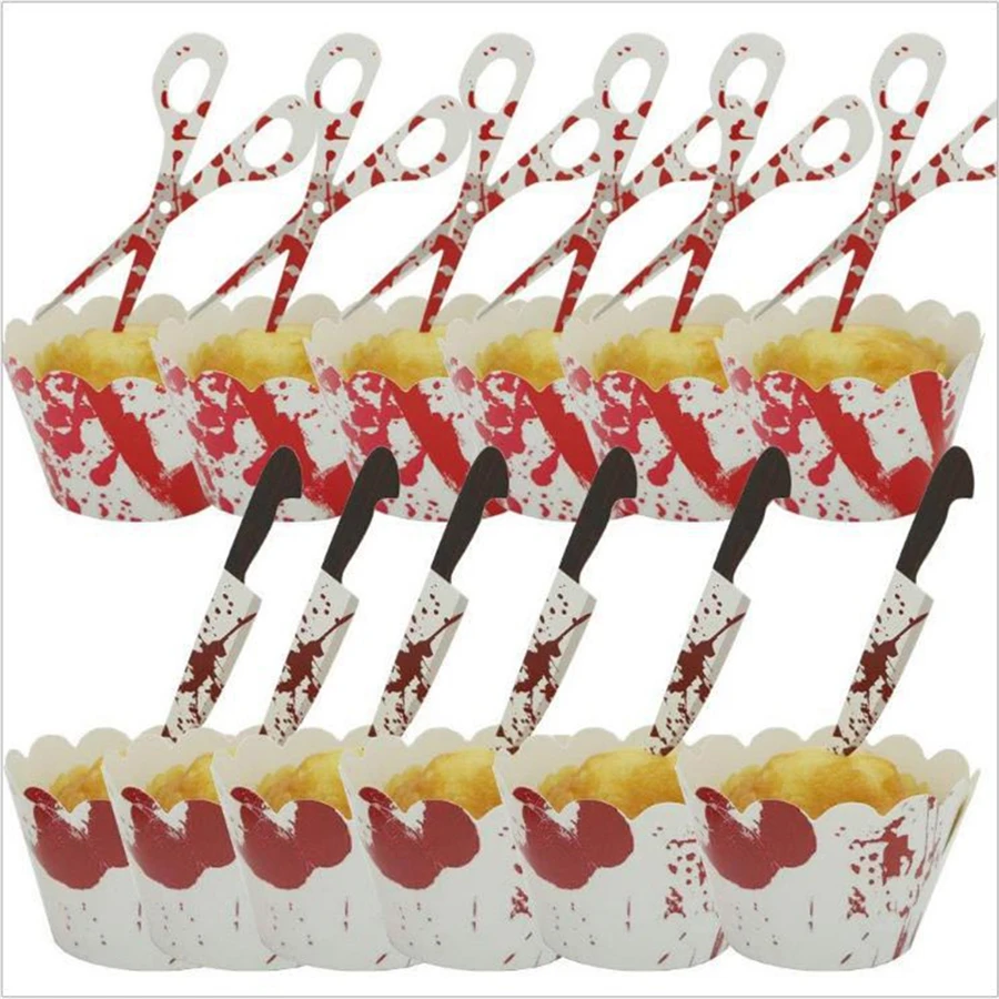 20 Pack Halloween Cupcake Toppers Wrappers Horror Cake Decoration Bloodstain Cake Knife Scissors Food Decor Party Suppliers
