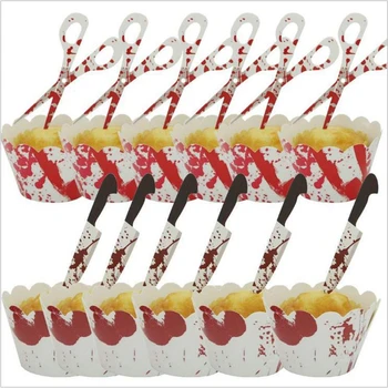 

100 Pack Halloween Cupcake Toppers Wrappers Horror Cake Decoration Bloodstain Cake Knife Scissors Food Decor Party Suppliers
