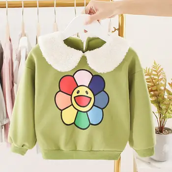 

Fashion Pullover Baby Girl Kids Fleece Doll Collar Cotton Cashmere Thickening Comfortable Printed Clothes Stitching Sweatershirt