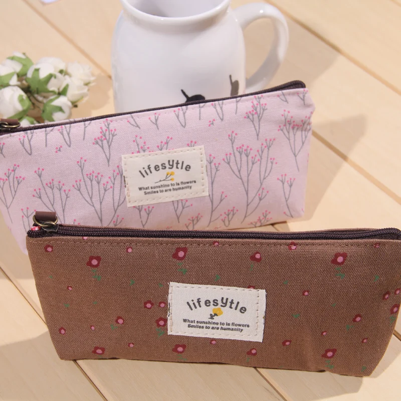 Pencil Case Cute Kawaii Floral Flower Canvas Zipper Pencil Cases Lovely Fabric Flower Tree Pen Bags School Supplies