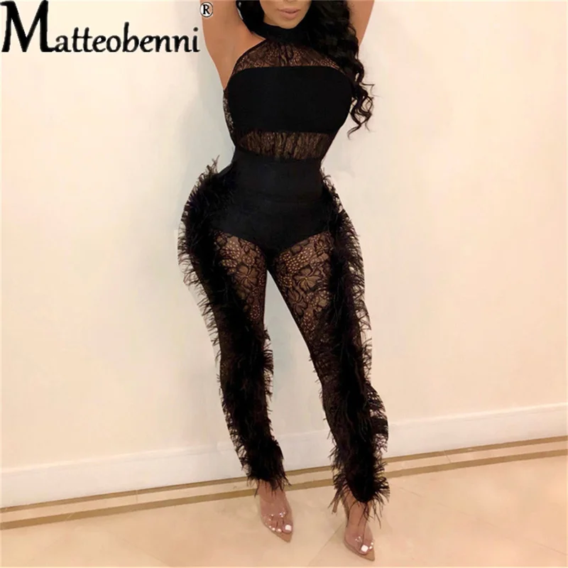 Mesh Patchwork Feathers Jumpsuit Women Sexy See Through Sleeveless O Neck Bodycon Women Jumpsuit Transparent Night Club Overalls