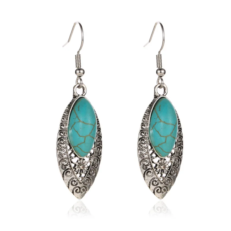 

European and American Ear Stud National Style Varved Exquisite Hollow Earrings Vintage Turquoise Geometric Ear Pendant