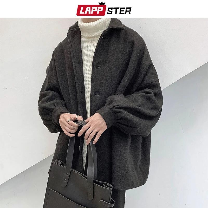 

Men Korean Harajuku Wool Jackets Coats 2019 Mens Streetwear Bomber Jackets Male Hip Hop Loose Button Winter Windbreaker