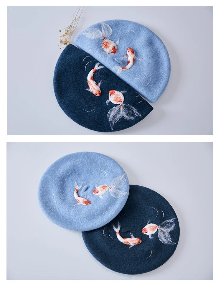 Ручной шерстяной войлок lucky koi берет креативный подарок на день рождения Кепка китайский живописец Кепка