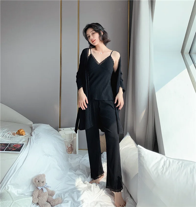 Autumn Winter 3 Pieces Pajamas Set Women Sexy 100% Cotton Pajamas Sleepwear For Women Sleeveless Strap Nightwear Long Pant Robe