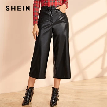 

SHEIN Black Wide Leg PU Leather Wide Leg Capris Pants Women Autumn Mid Waist Zipper Fly Glamorous Thin Loose Trousers