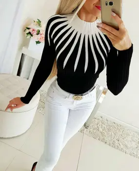 

Fashion Women Winter Warm Sweaters 2020 New Striped Flower Long Sleeve Slim fit Color Matching Sweater Clothing Tops S-XL