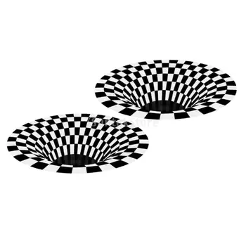 

2Pcs 120cm Dia. Black White Grid Carpet 3D Illusion Floor Mat Indoor