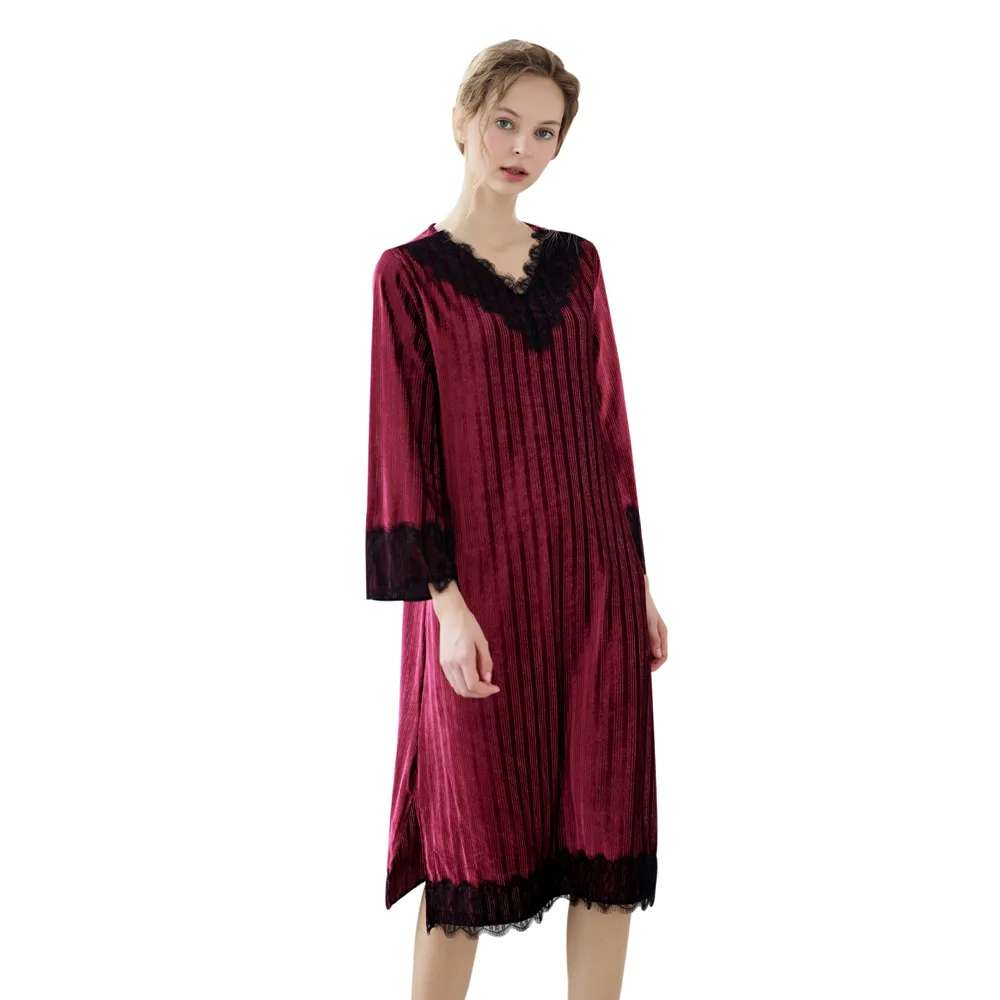 

European American Princess Gold Velvet Night Dress Spring Summer Long-sleeved Thin Section Striped Skirt Ladies Fashion Casual