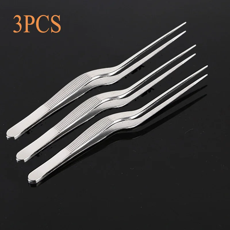 3pcs/Set 14cm Mini Professional Chef Plating Tweezer Tongs Serving Presentation Stainless Steel Offset Chef Kitchen Tool