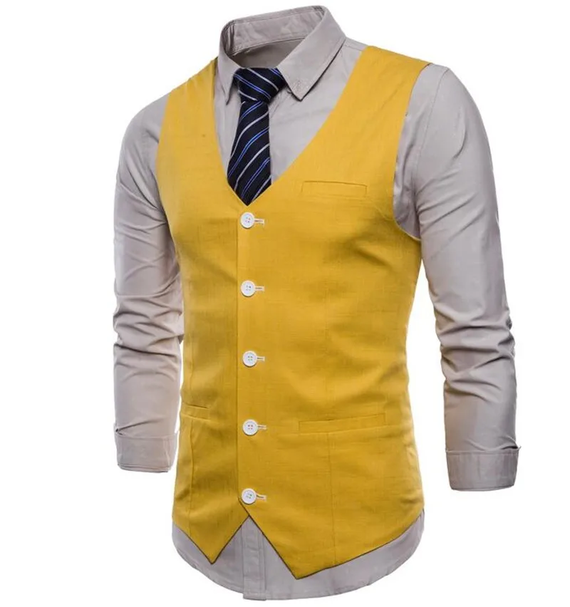 High Quality Yellow Men Vest Casual Vest Custom Made Wedding Vest 5 Button 3 Pocket Bridegroom Business Party Vest