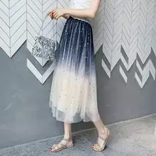Звездная юбка из тюля с блестками, Женская юбка Jupe Femme, Модная элегантная длинная юбка с высокой талией, Faldas, летняя юбка-пачка, плиссированная юбка C6054