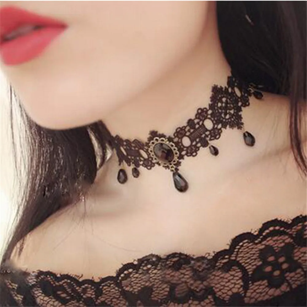 Collares Sexy Gothic Chokers Crystal Black Lace Neck Choker Necklace V