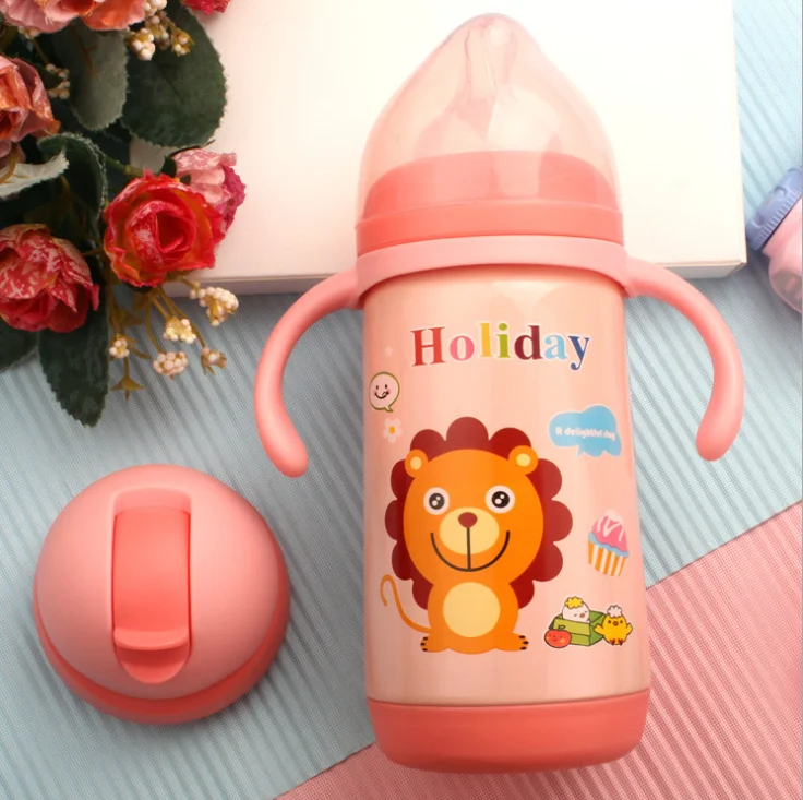 Bpa-free 300 мл детская питьевая 304 соломка из нержавеющей стали термос чашка переносная веревка Мини-термос мультфильм бутылка для воды и чая - Цвет: Розовый