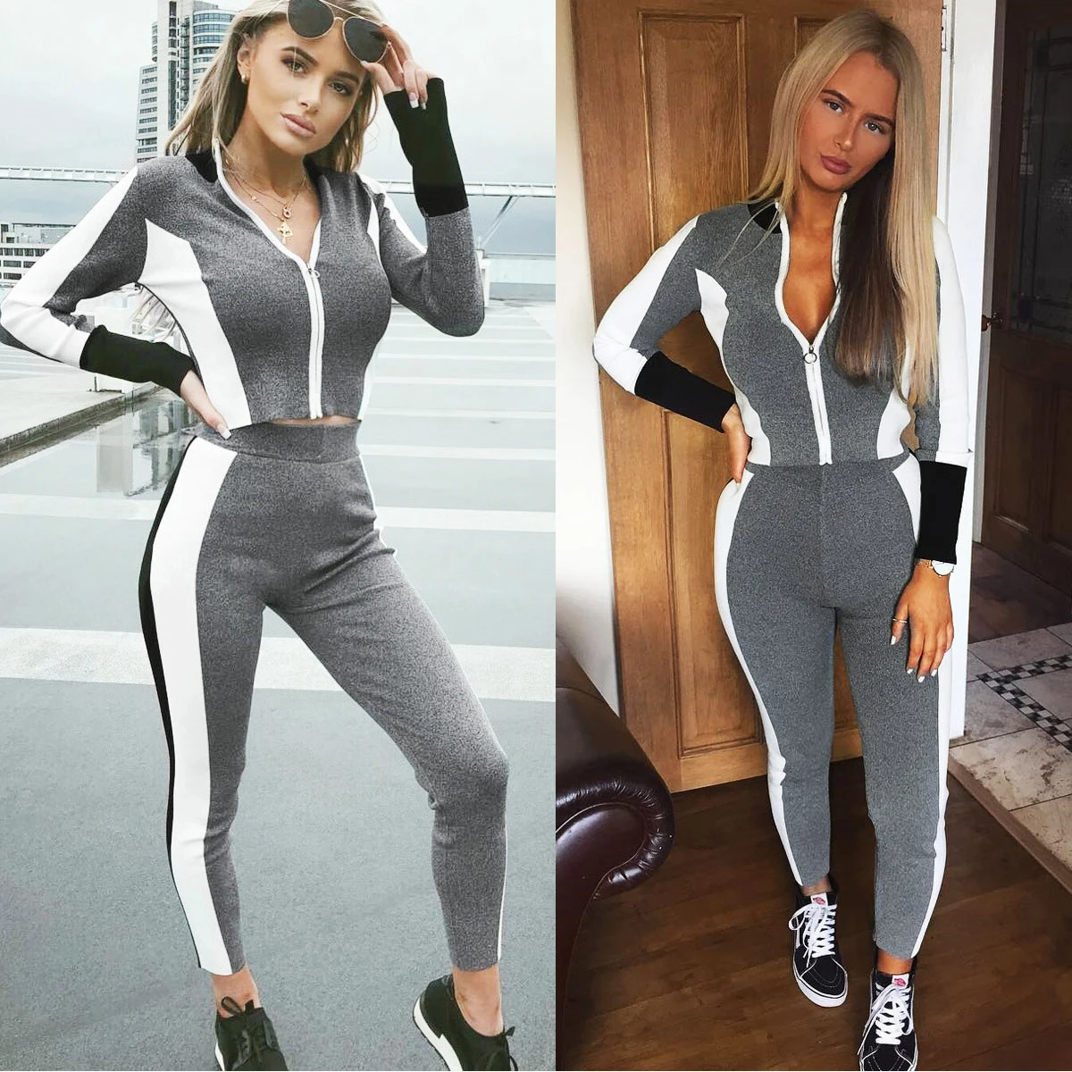 Осенне-зимняя новинка, модная женская повседневная одежда для дома, спортивный костюм, женский тренировочный спортивный топ на молнии+ штаны, комплект, 2 цвета
