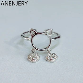 

ANENJERY Sweet 925 Sterling Silver Hollow Cat Opening Ring Cute Paw Pendant Ring For Women Jewelry Wholesale S-R531
