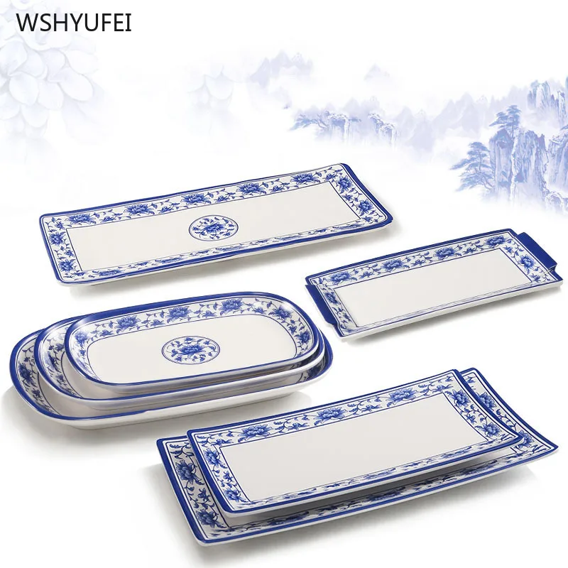 Синий и белый фарфор в китайском стиле имитация фарфора не легко сломать прямоугольную тарелку Ресторан кухонные принадлежности