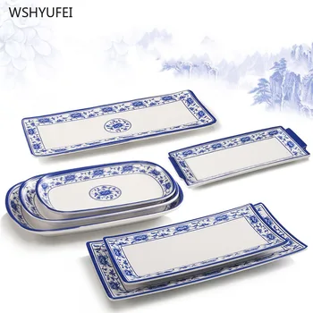 

Blue and white porcelain Chinese style imitation porcelain is not easy to break rectangular plate restaurant kitchen supplies