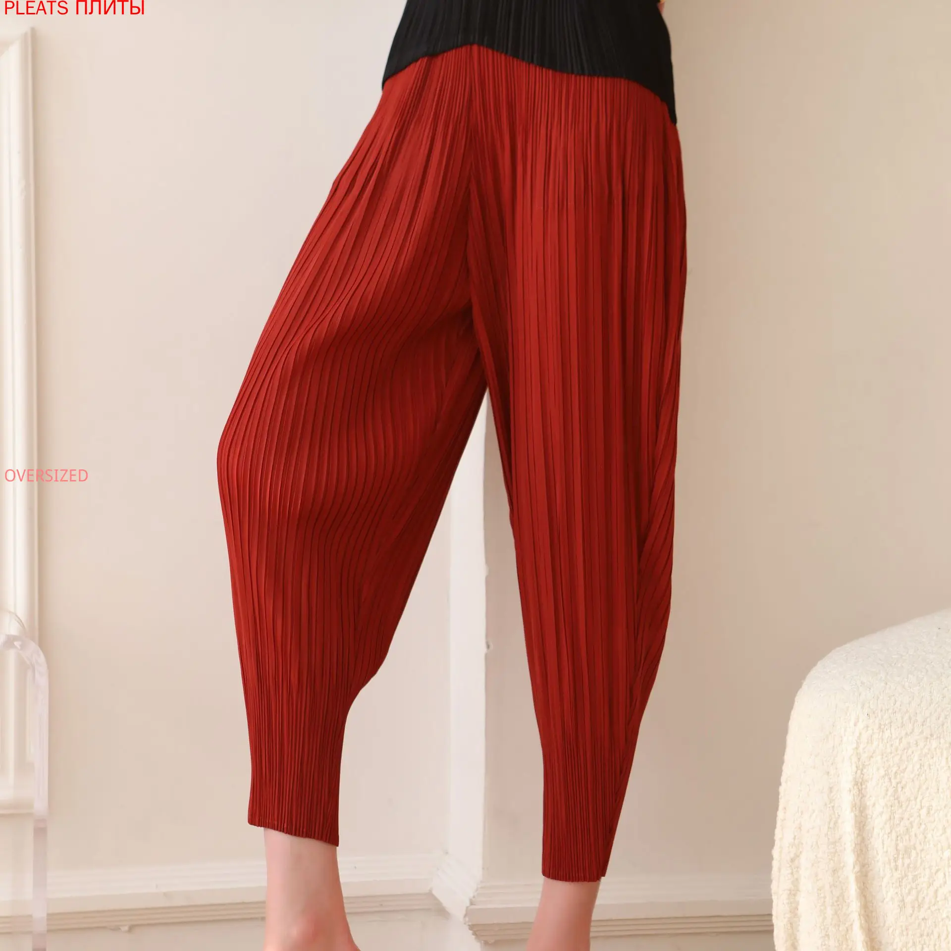 

Autumn, Spring and Summer Miyake Folds Elastic Waist Slimming Slim Feet Cropped Trousers Bloomers Oggers Women Femme Women Pants