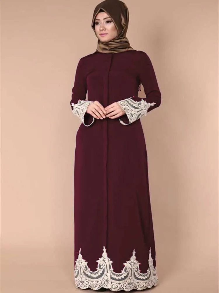 Абая мусульманское летнее платье с вышивкой, кружевное платье с длинным рукавом, Ropa Musulman Mujer jilbabe, исламское платье с цветочным рисунком, Турецкая Абая для женщин - Цвет: bordeaux red