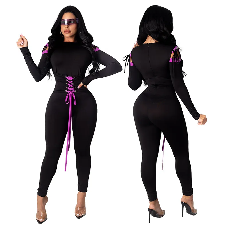 

Cross Drawstring Lace Up Patchwork Jumpsuit 2020 Autumn Women Long Sleeve O Neck Romper Night Club Party Bodysuit Playsuit