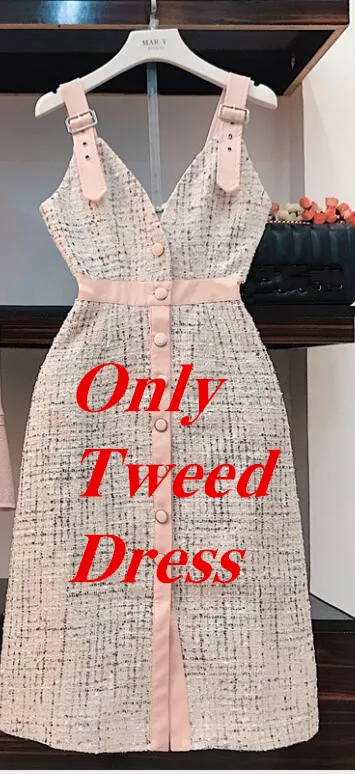 Only Tweed Dress Высококачественные Женские топы с расклешенными рукавами на осень и зиму, однобортное платье на тонких бретельках, клетчатое твидовое платье, комплект из 2 предметов - Цвет: Only Tweed Dress