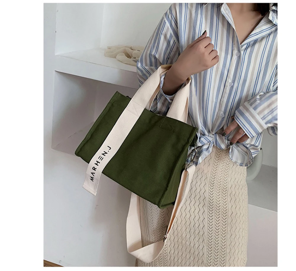 Women Fashion Canvas Shoulder Bag Large Capacity Female Big Tote Handbag Folding Reusable Shopping Bags Thin Strap Cloth Bags