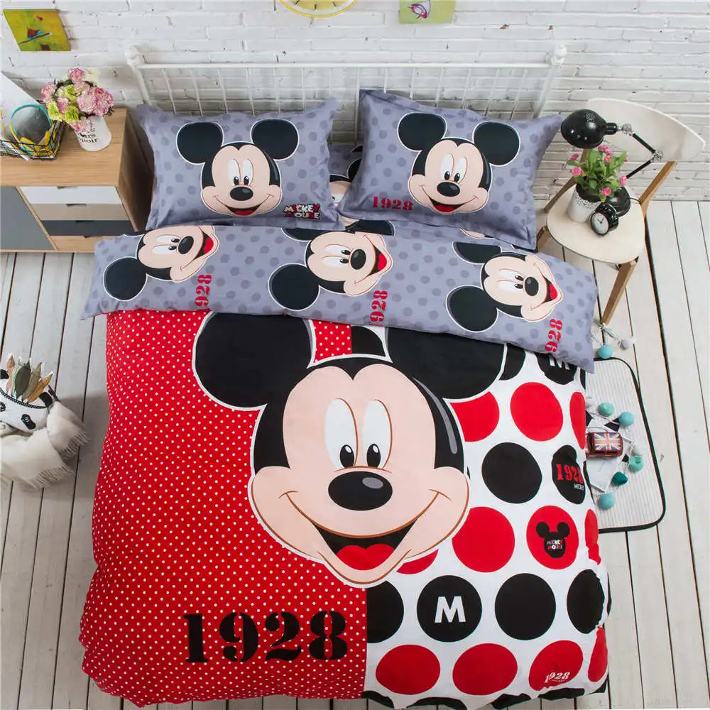 

black red polka dot mickey mouse bedding set queen size duvet cover set 4pc cotton bed fitted sheet 3d printed bedspread kids