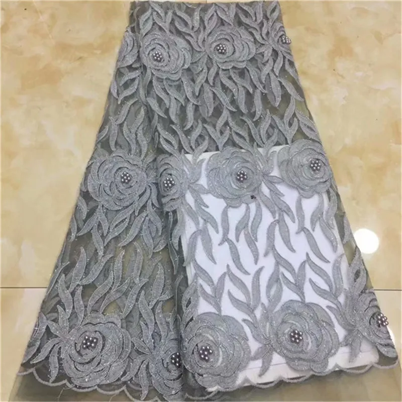 

2019 High Quality French 3D Tulle Beaded African Lace Fabric Sequins Embroidered Nigerian Lace Fabrics For Wowen Dress
