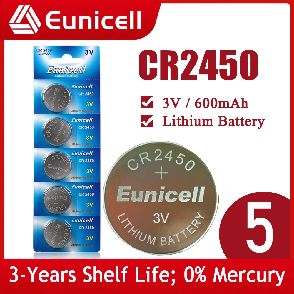 Eunicell NEW 5PCS CR2450 Watch Battery KCR2450 5029LC LM2450 DL2450 ECR2450 BR2450 CR 2450 3V 600mAh Lithium Coin Cell Batteries