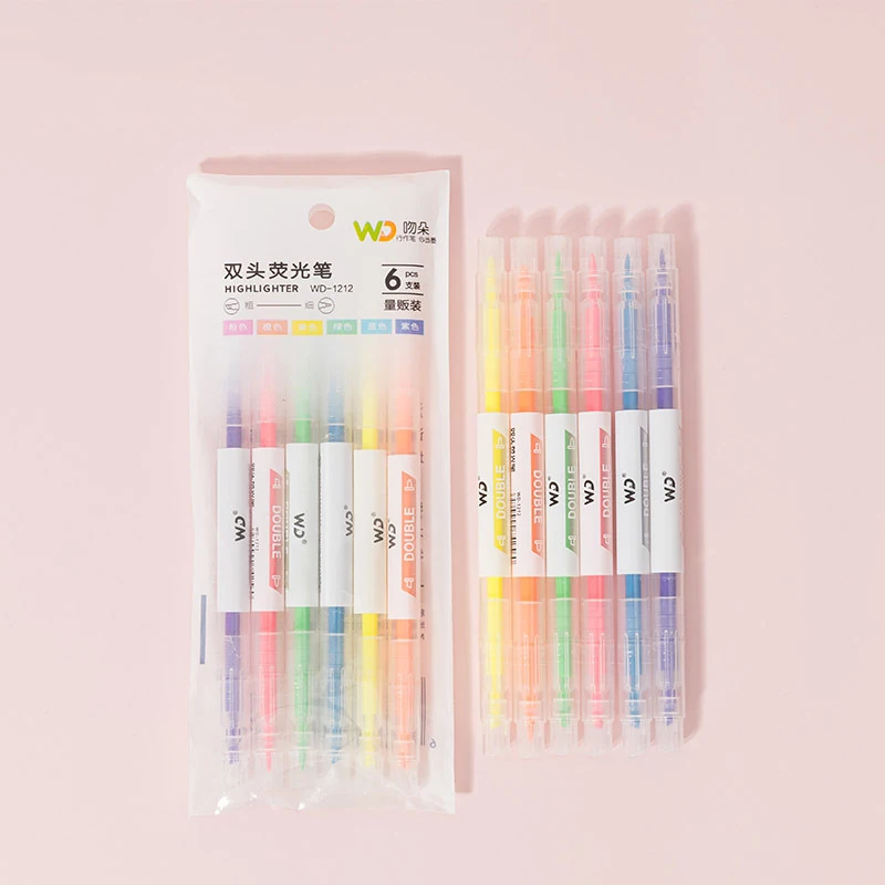 

6Pcs Double-end Highlighter Candy color Drawing Marker Pen Double head Highlighters For Kids School Office Supplies