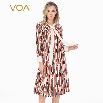 

VOA Silk Printed Brick Red Graffiti Print Floating Leading Contrast Color Cuff Cuff Square Button Long Sleeve Midi AX39
