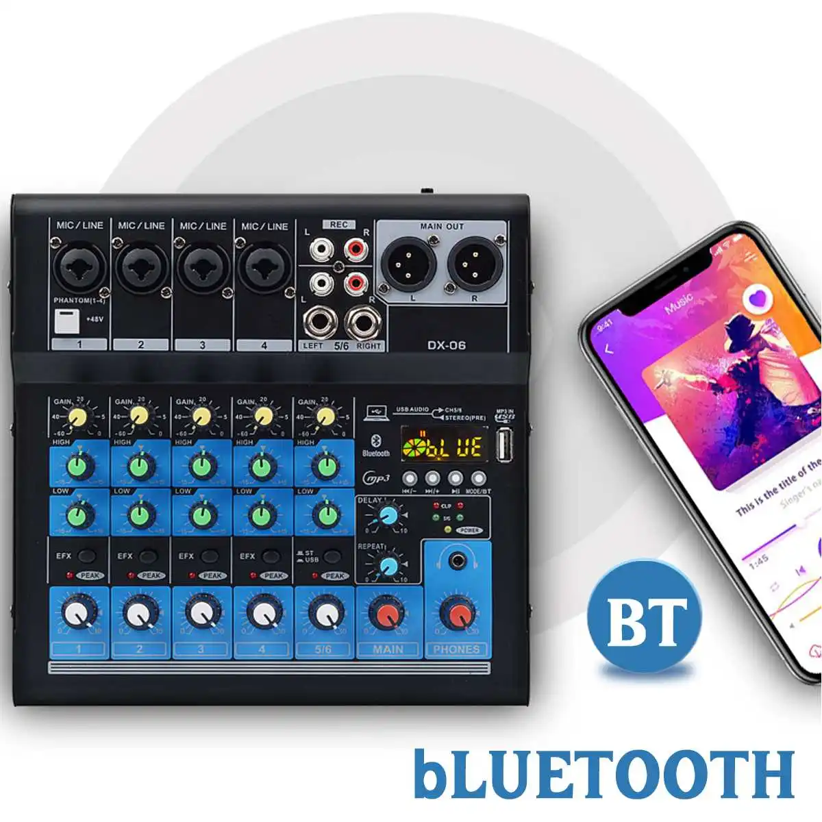 Портативный Bluetooth 6-Каналы микшерный пульт аудио смеситель w/USB DJ микшерная консоль MP3 Джек 48V усилитель караоке матч