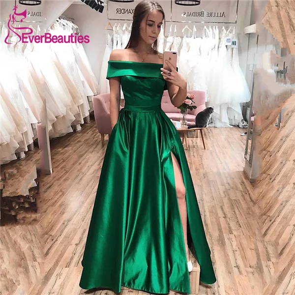 as picture Vestido Formatura платья для выпускного вечера с открытыми плечами атласное зеленое вечернее платье Robe De Soiree Vestidos De Gala - Цвет: as picture