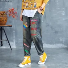 Эластичная талия Ретро Вышивка свободная талия Промытые Белые джинсы женские узкие брюки плюс размер джинсы женские A888Z40