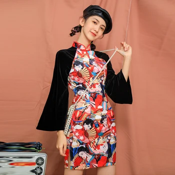 

2020 Summer New Women's Dress Retro Girl nian qing kuan Modern gai liang kuan Lady-in-Waiting Printing qi pao qun