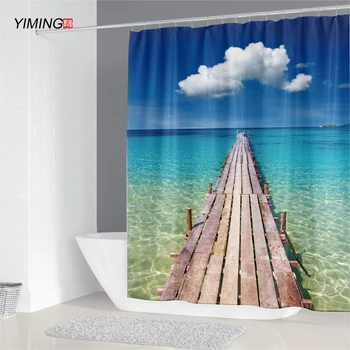 

Bathroom Waterproof Shower Curtain Seaside Wooden Bridge Seaside Scenery Polyester Anti-mold Home Decor Curtain 200x180cm