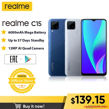 

realme C15 Smartphone 4GB RAM 64GB ROM 6000mAh Big Battery Mobile phone 6.5inch Android phone 3-Card Slot Helio G35 Telephone