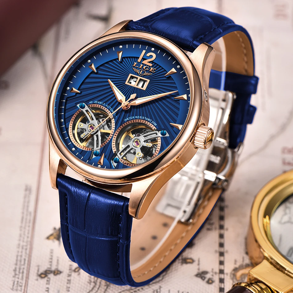 Часы с двойным Tourbillon, LIGE, мужские автоматические часы, самовзводные, Ретро стиль, мужские механические наручные часы, кожа, Relogio Masculino
