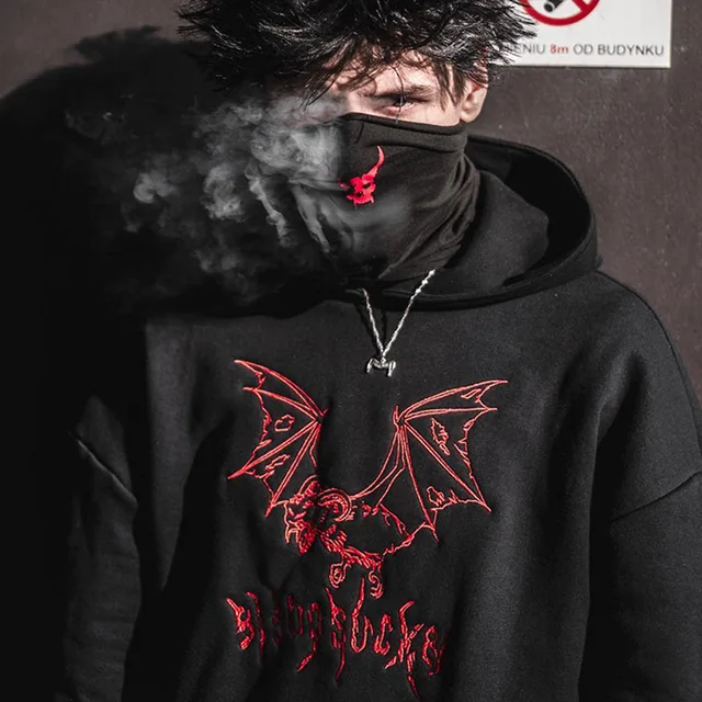 Cool Fashion Casual Gothic Goat Demon Bat Embroidery Pollover Black Sweatshirt Heavy Metal Style Hoodies Sudadera Punk Fleece 3