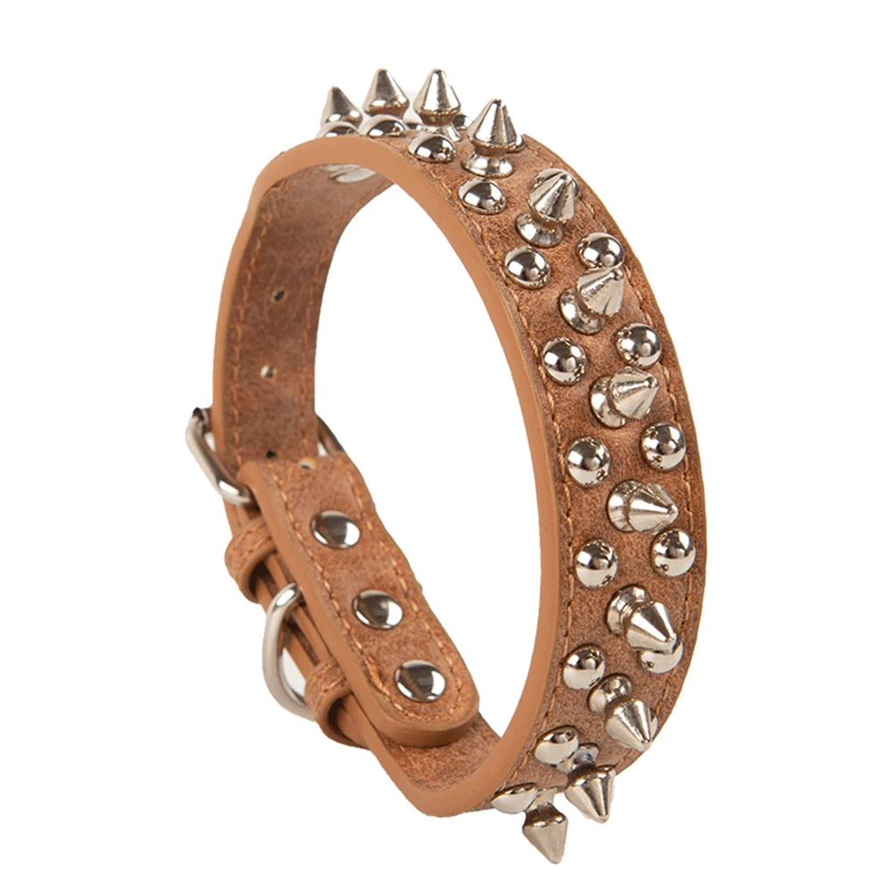 Spiked Rivet Collar for Small Medium Large Dogs Cats Matter Real Leather Adjustable Length Safty Durable Pet Studded Leash Lead