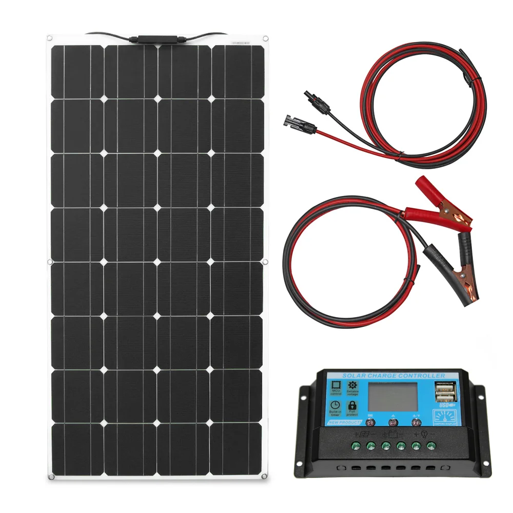 XINPUGUANG 2pcs 100w Monocrystalline Solar Panel Flexible 200W 12V Solar System kit Photovoltaic Module Cell 20A Controller MC4 Connector for Home,RV,Caravan,Boat and Other Battery Charger200W 