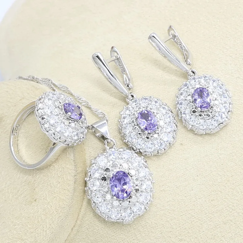 Фиолетовый кубический цирконий 925 Серебряный набор украшений для женщин с браслетом серьги ожерелье кулон кольцо подарочная коробка
