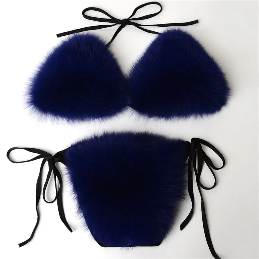 bikini sets for women Women's Real Fox Fur Bra Underwear Fashionable Bikini Set New Collection high leg bikini set