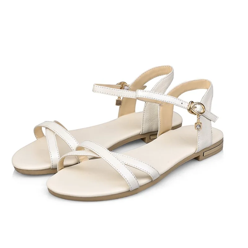 Comfortable Women Summer Sandals Genuine Leather Flip Flops Casual Flats Sandal White Gold Black Ankle Strap Beach Shoes Girls